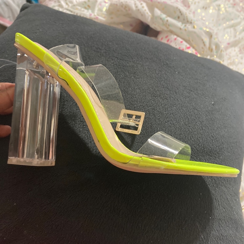 Neon Yellow ankle strap clear heel
